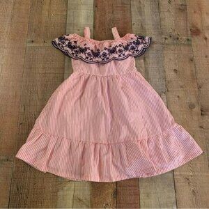 Penelope Mack pink and white seersucker cold shoulder dress with eyelet detail